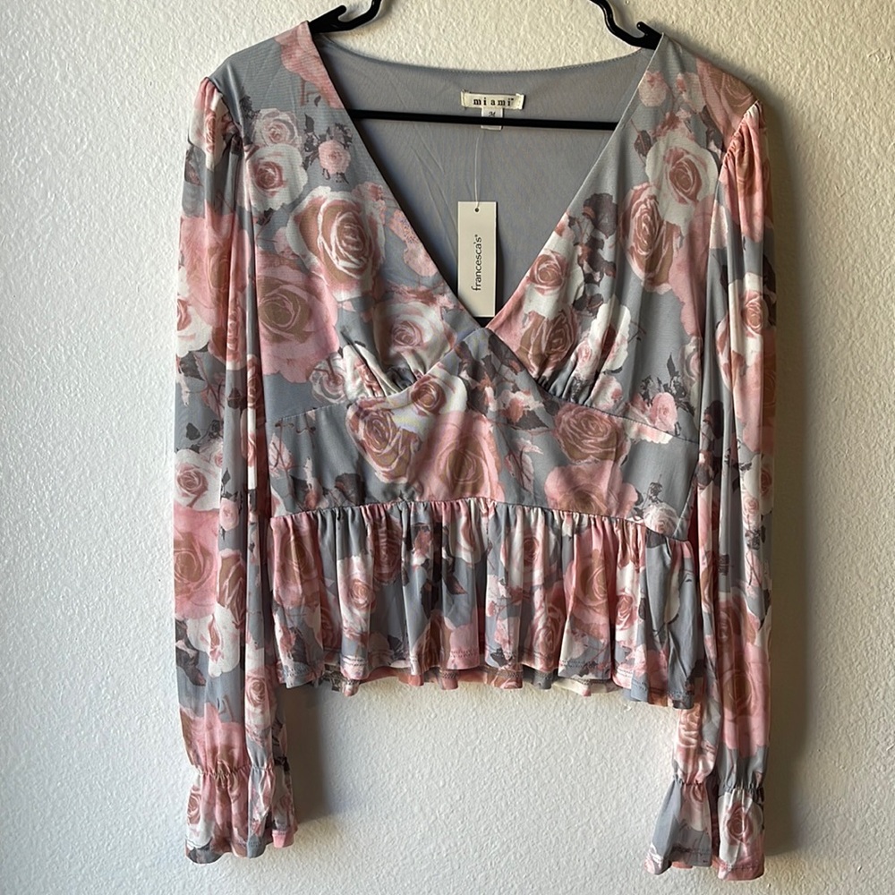 Francesca’s grey and pink floral blouse